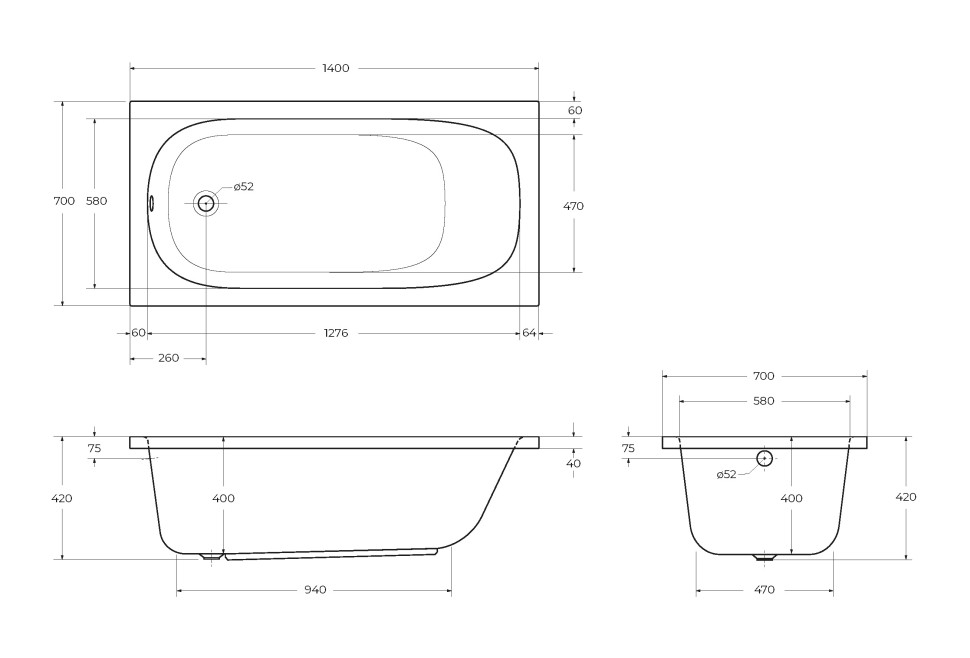Акриловая ванна CEZARES ECO-140-70-40-W37