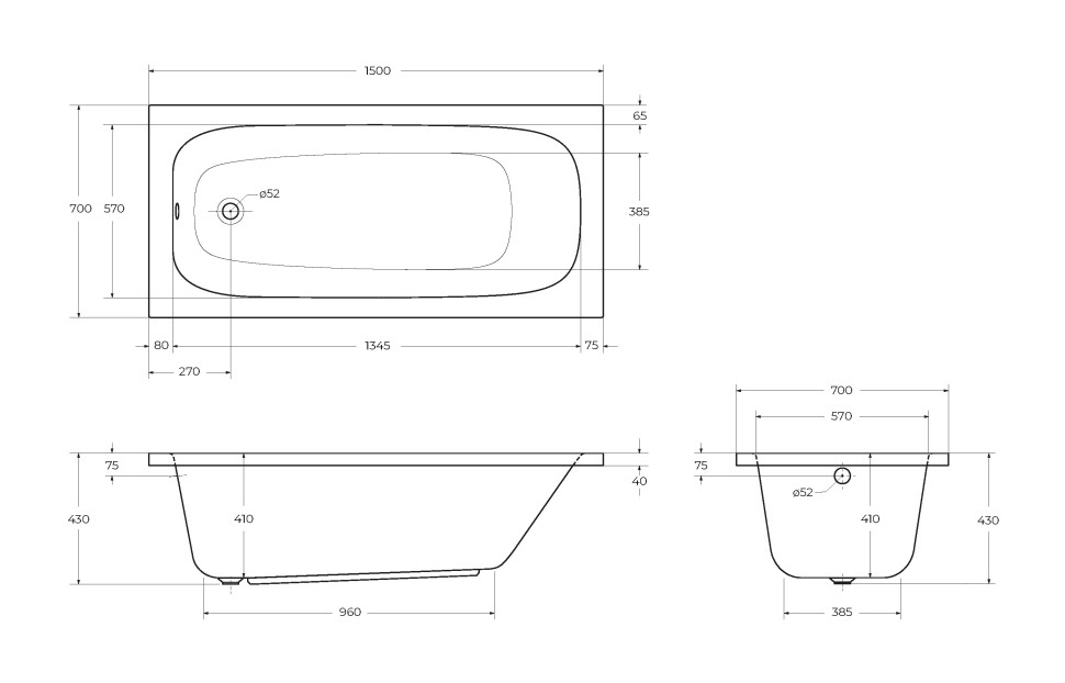 Акриловая ванна CEZARES ECO-150-70-41-W37