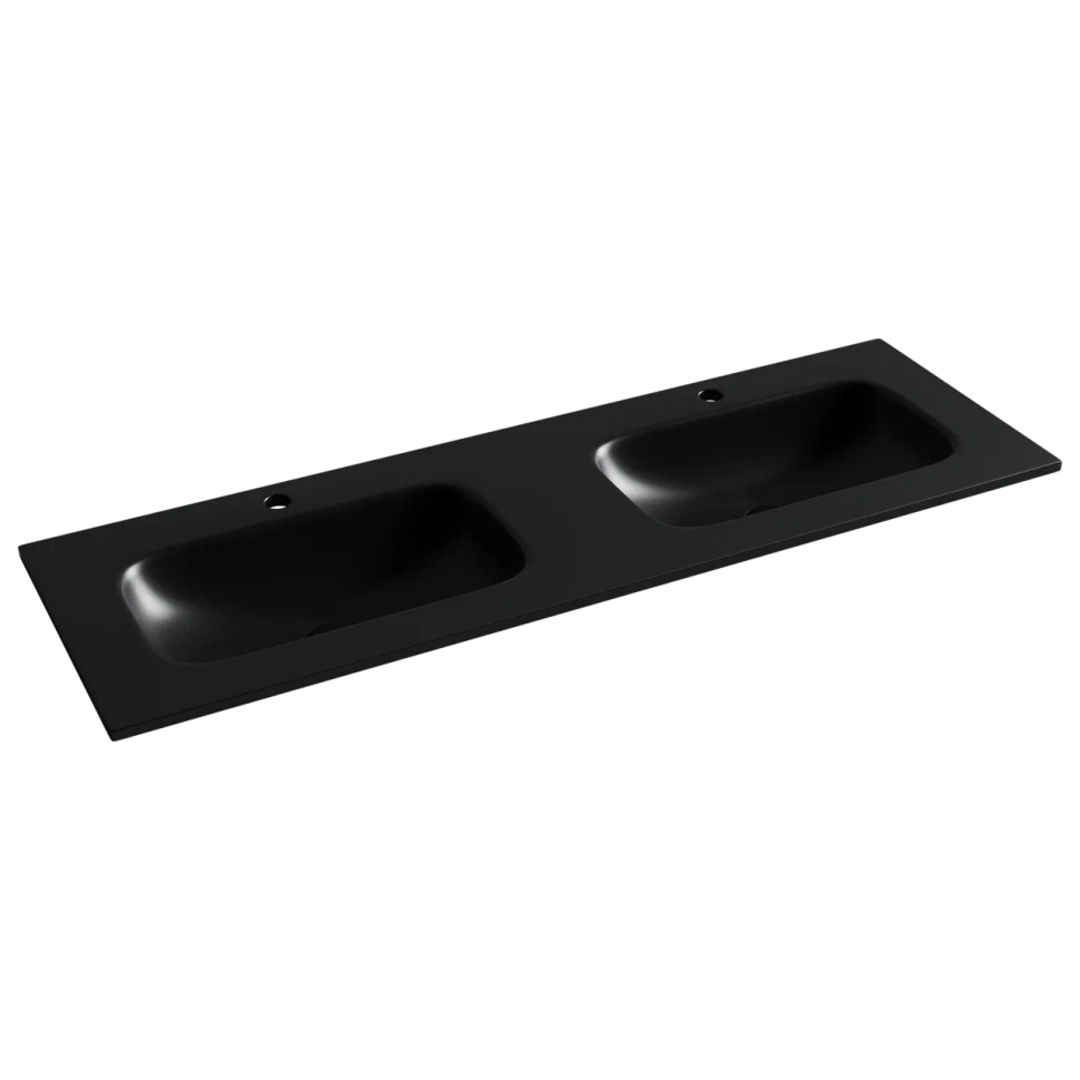 Раковина накладная мебельная CERAMICANOVA Grace прямоугольная 1410x457x137 с двумя чашами и отверстиями под смеситель цвет черный матовый CN7022MB