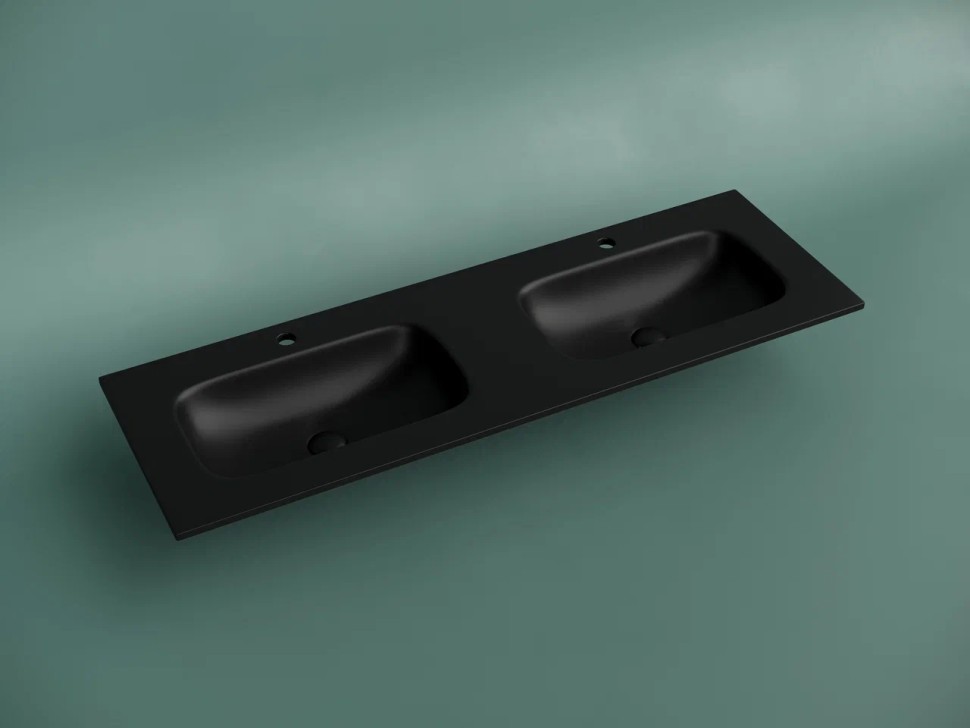 Раковина накладная мебельная CERAMICANOVA Grace прямоугольная 1410x457x137 с двумя чашами и отверстиями под смеситель цвет черный матовый CN7022MB