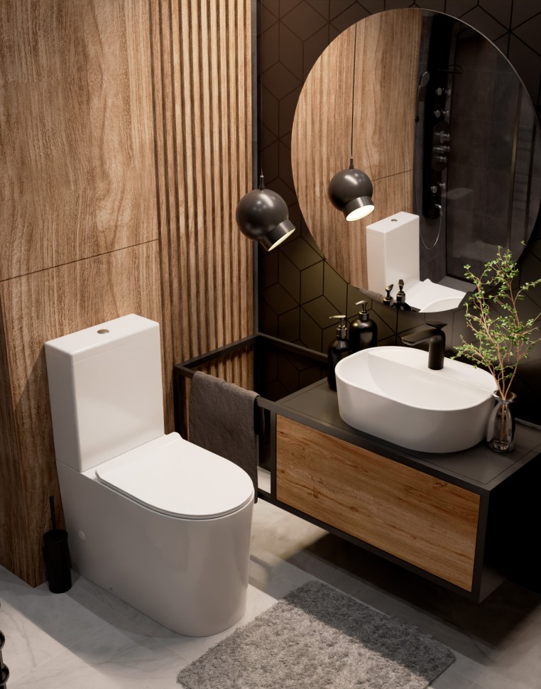 AQM1001 Унитаз напольный Rimless c сиденьем SoftClose, горизонтальный выпуск. 670x360x445мм