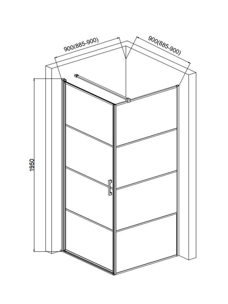 Душевой уголок 900*900*1950мм.(левый), стекло 6мм, цвет профиля матовый черный, горизонтальные линии.