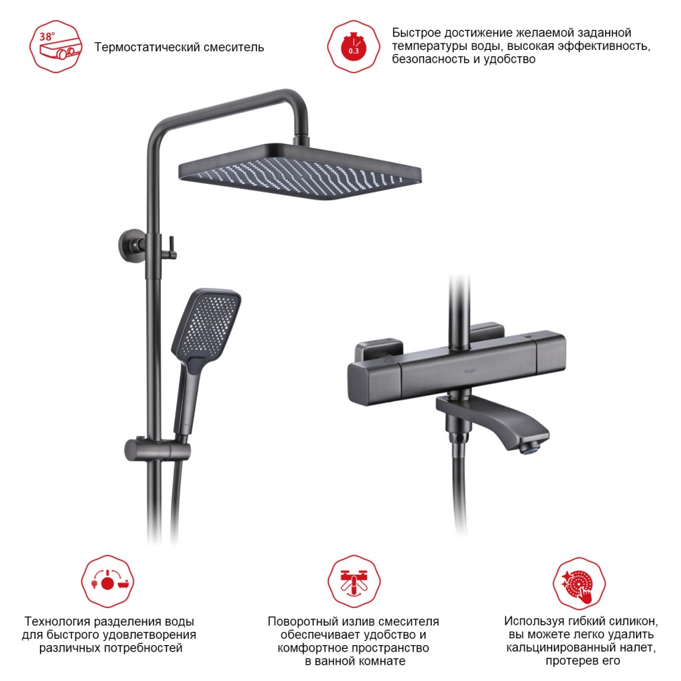 Душевая система Raglo с термостатом для ванны графит