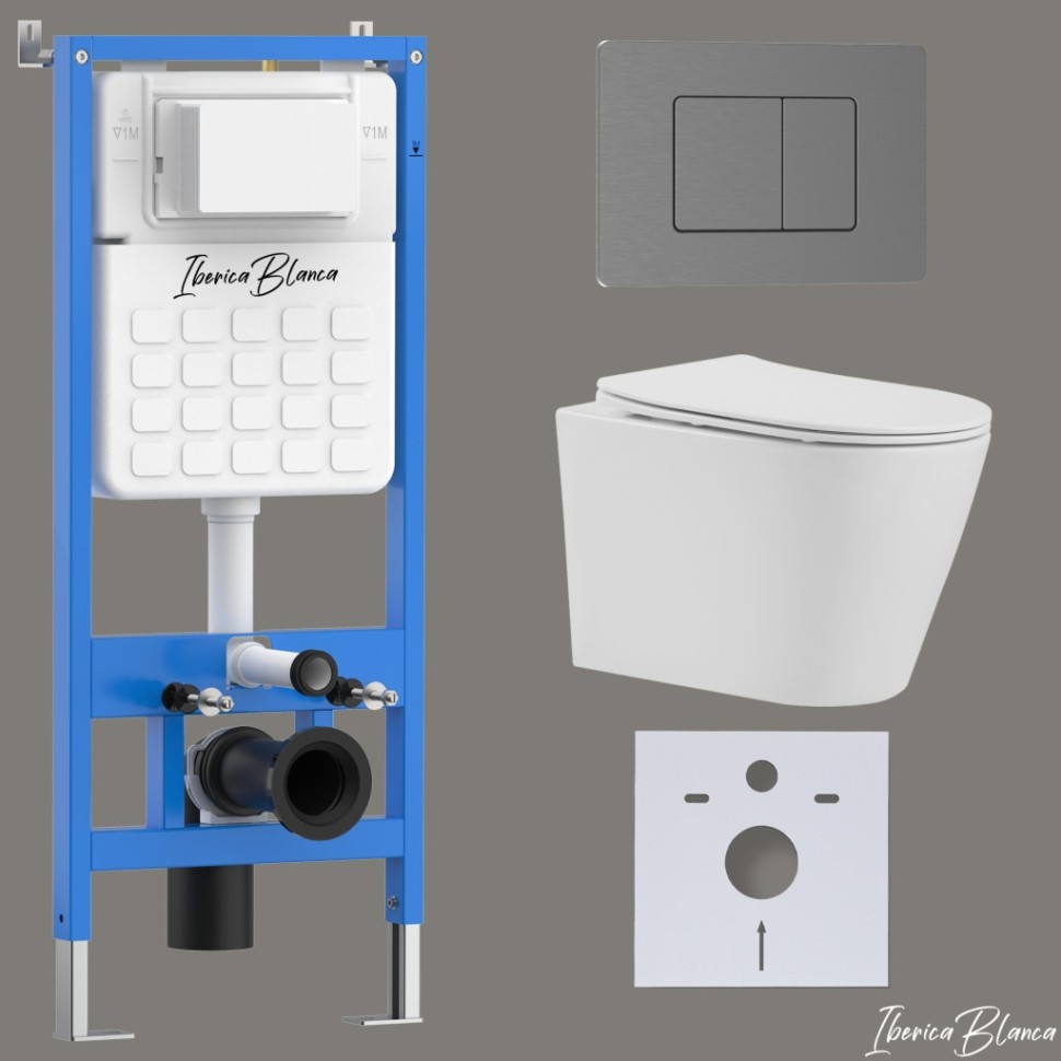 Комплект 3в1 IBERICA BLANCA инсталляция SILENCIO, унитаз BURGOS ALTO белый, кнопка смыва INOX-C вороненая сталь (IB001.BRA.231.1180)