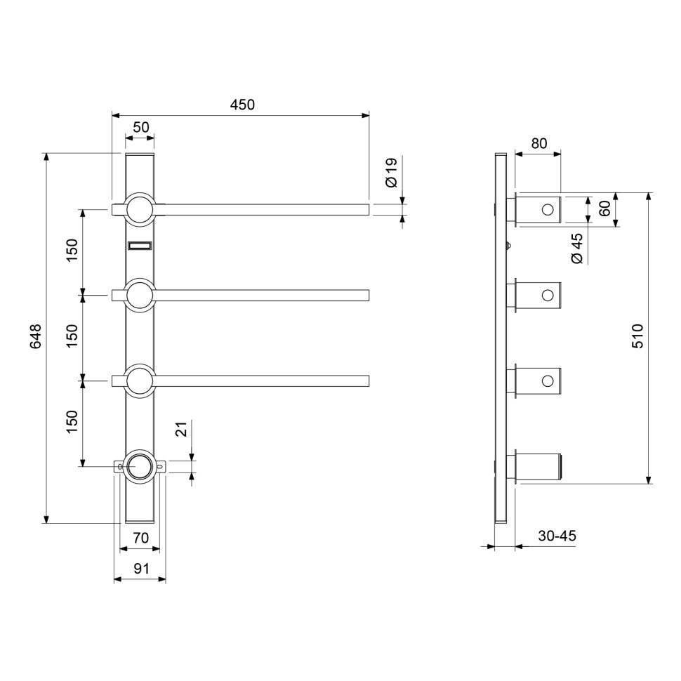 Полотенцесушитель электрический, встроенный Timo Saona 030/00SM хром