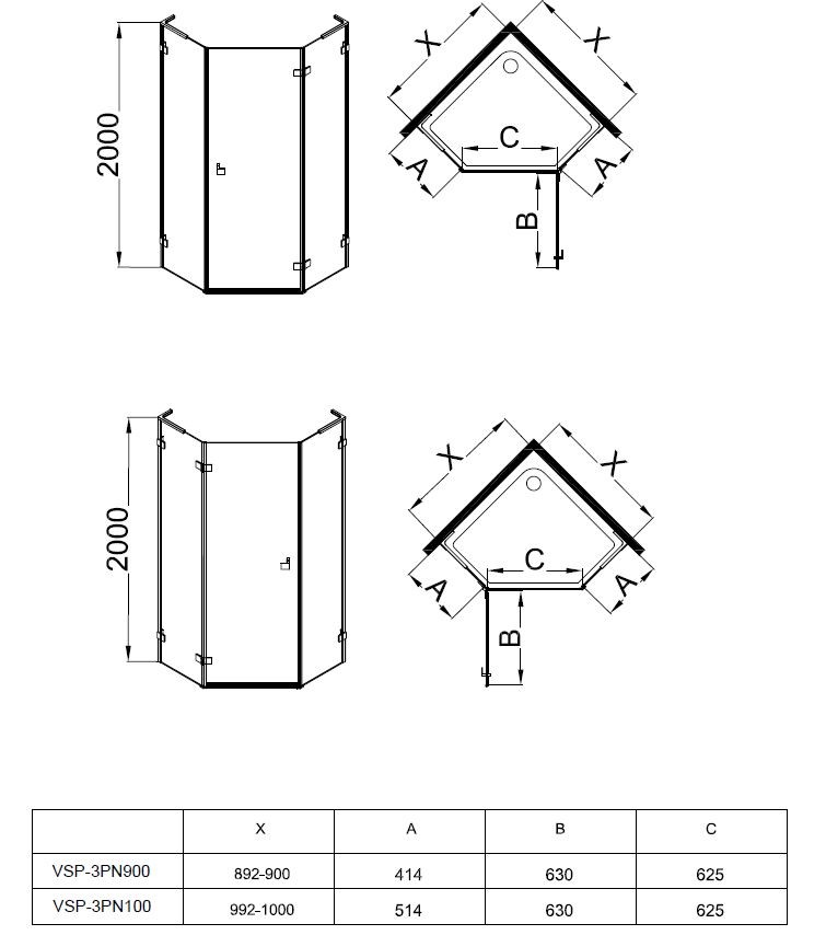 Душевой уголок Пента-Н (Penta-N) VSP-3PN900CLGM-R, 900*900, вороненая сталь, стекло прозрачное правый