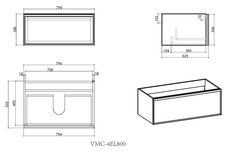 База под раковину Vincea  Elise 800 подвесная, 2 выкатных ящика soft close, серый матовый