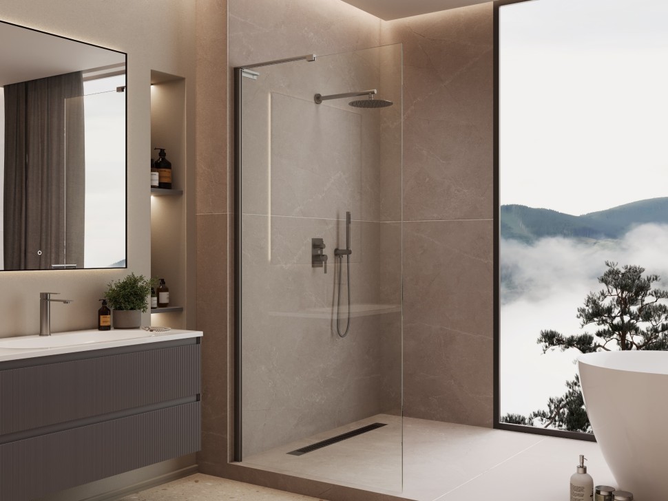 Душевая перегородка Волк-Ин (Walk-In) VLSW-1H100CLGM, 1000*2000, вороненая сталь, стекло прозрачное