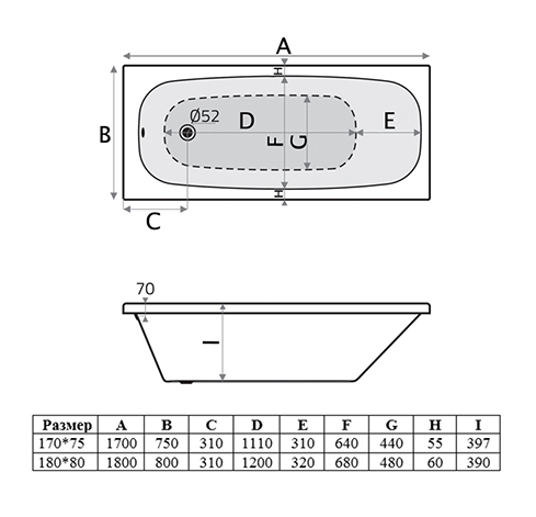 Ванна акриловая Vincea VBT-2S170-LG с ножками 1700*750*440, пристенная, цвет белый