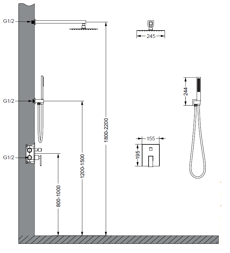 Душевой комплект Dice VSFW-2DS1GM встраиваемый, 2 режима, вороненая сталь