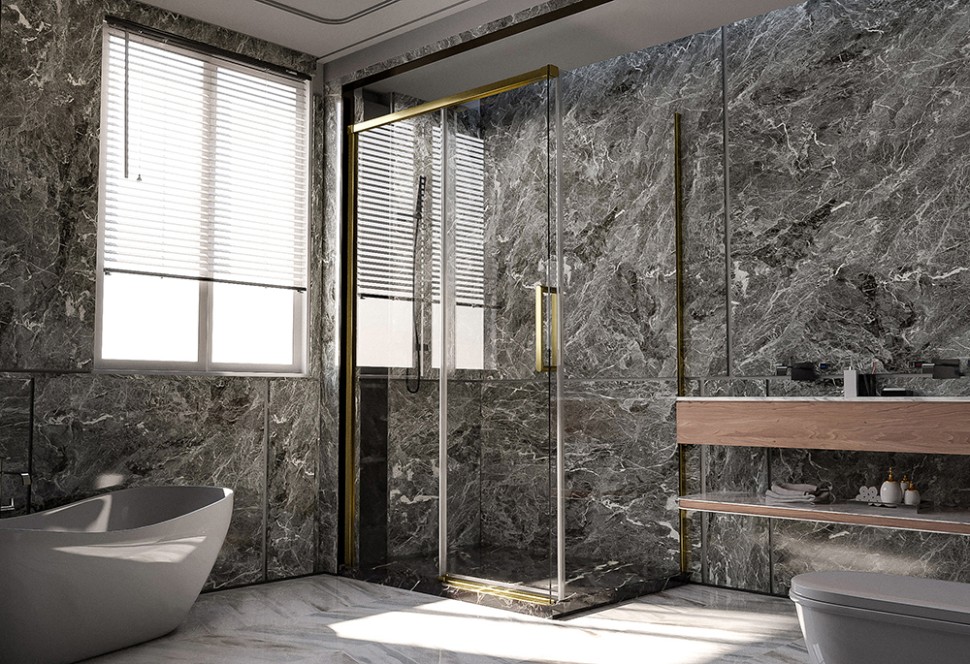 Душевой угол Veconi Premium Trento PTC-SP-40G, 1400х900x2000, брашированное золото, стекло прозрачное