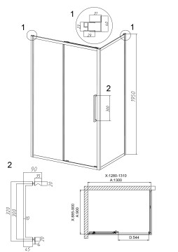 Душевое ограждение Grossman Cosmo 100.K33.02.130.21.10-200.K33.02.90.21.10 (130х90х195) раздвижная,черный матовый,стекло тонированное,2 места
