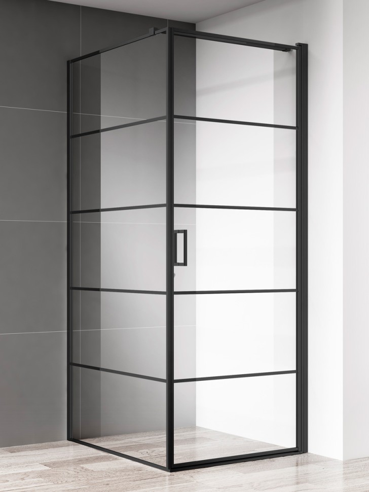 Душевой уголок 900*900*1950мм. (правый), стекло 6мм, цвет профиля матовый черный, горизонтальные линии.