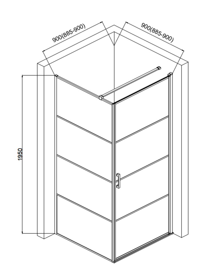 Душевой уголок 900*900*1950мм. (правый), стекло 6мм, цвет профиля матовый черный, горизонтальные линии.