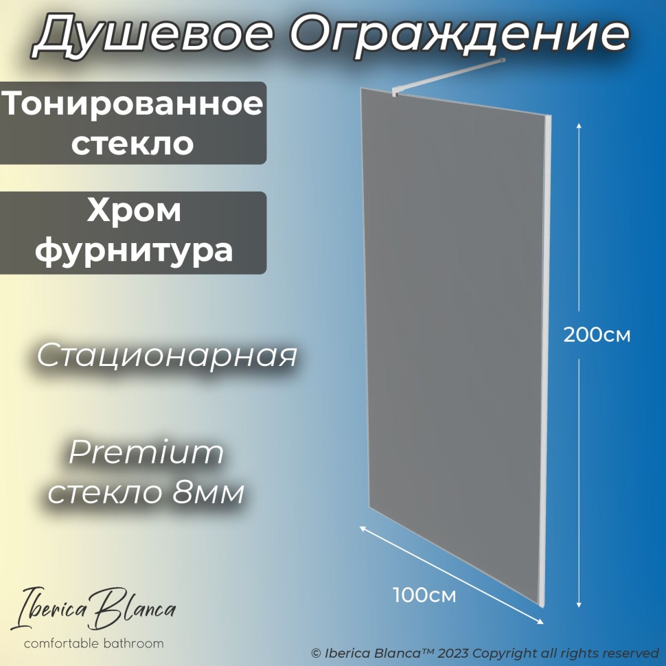 Душевая перегородка IBERICA BLANCA Mod.602 Walk In тонированное стекло/хром 100х200см (IB602.TC.200.100)