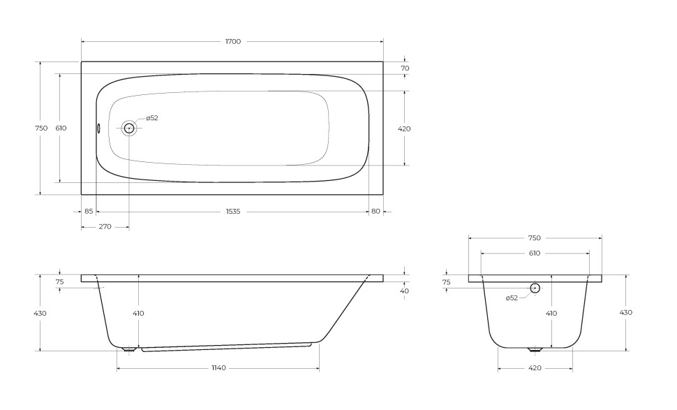 Акриловая ванна CEZARES ECO-170-75-41-W37