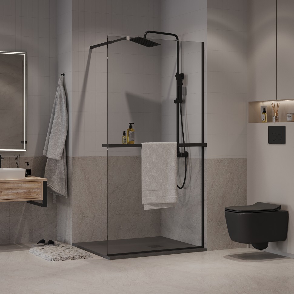 Душевая перегородка Niagara Nova NG-670-12ВLACK (120х195) черный матовый,стекло прозрачное,с полкой,1 место