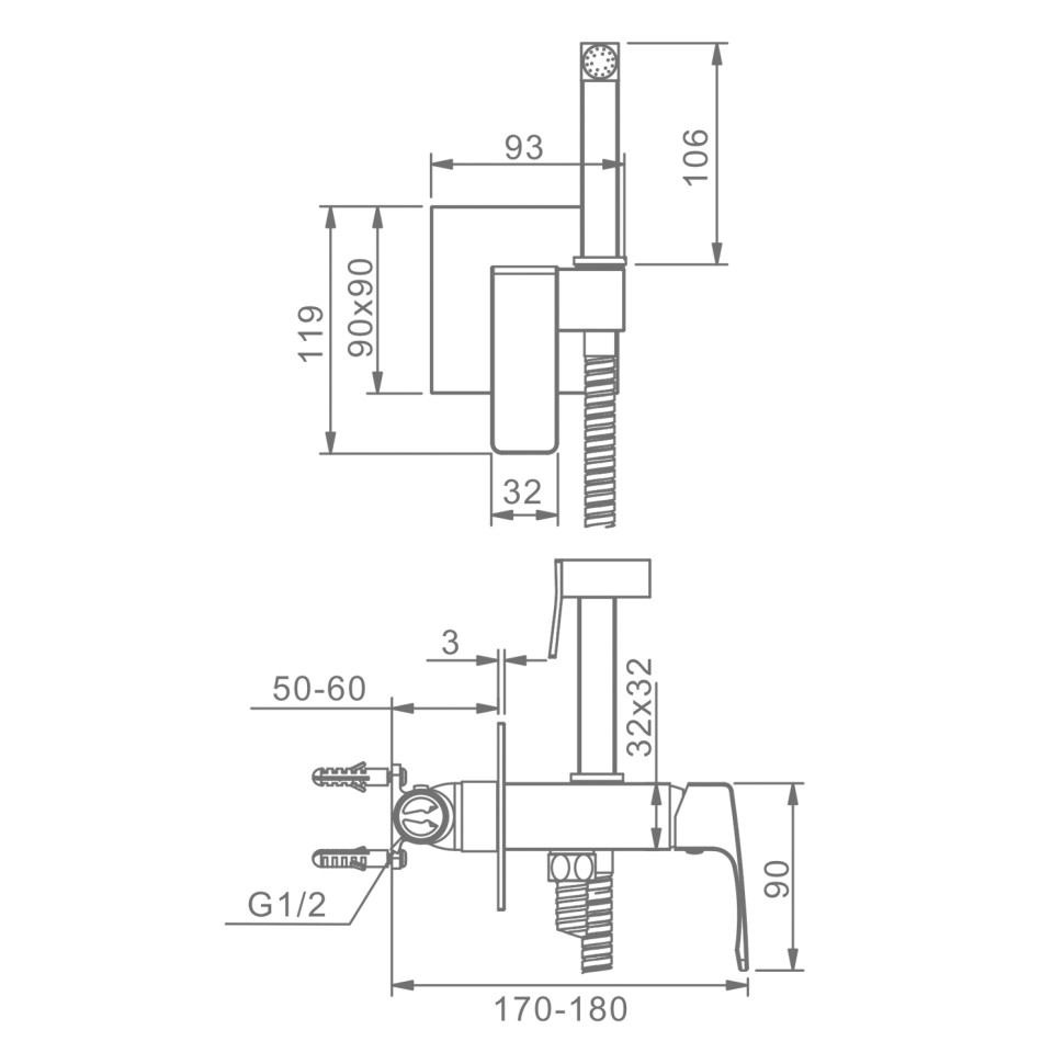 Смеситель Raglo встраиваемый с гигиеническим душем графит