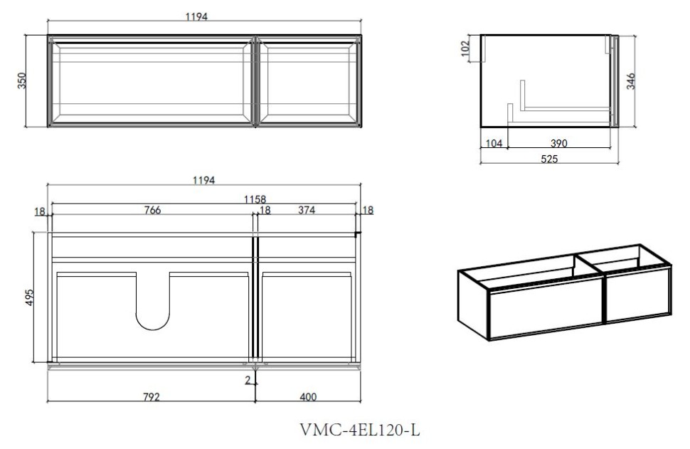 База под раковину Vincea  Elise 1200 подвесная, 2 выкатных ящика soft close, серый матовый