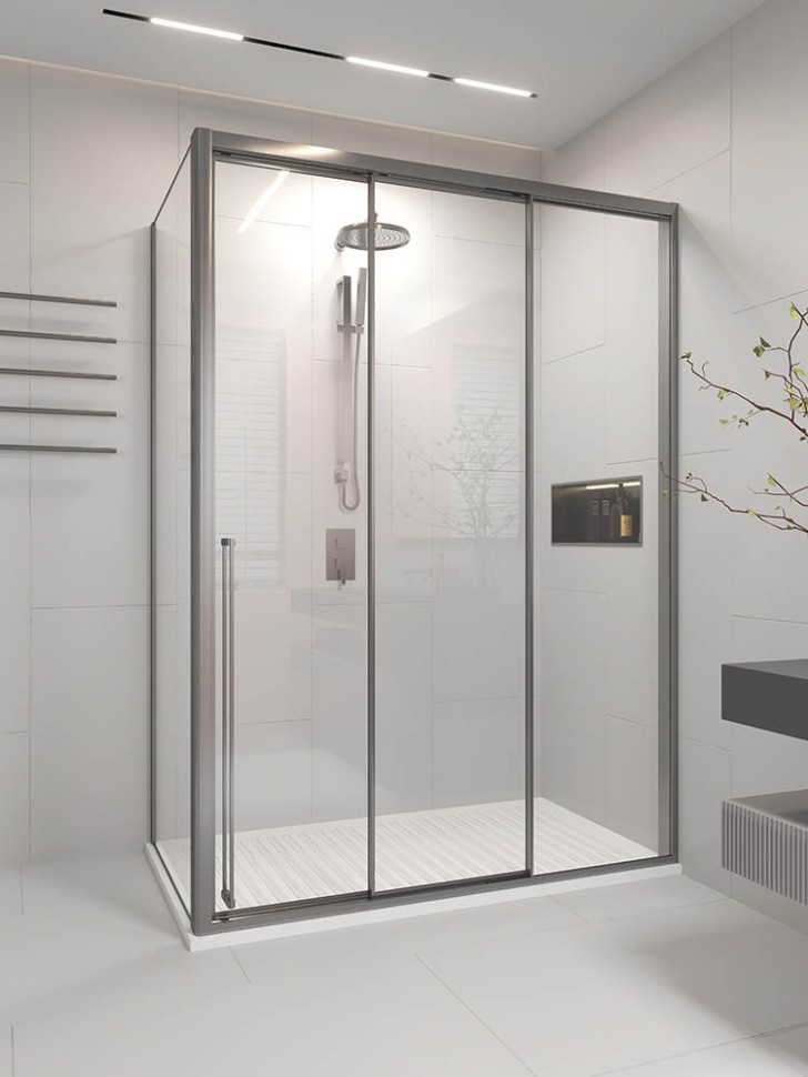 Душевой угол раздвижной Veconi Premium Ptato 300 SP GR-R, 1600х1000x2000, брашированный графит, стекло прозрачное