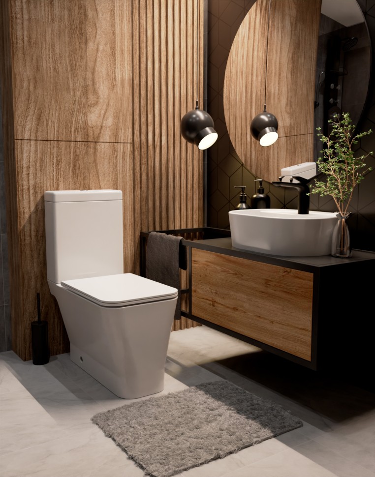 AQM1006 Унитаз напольный Rimless c сиденьем SoftClose, горизонт. выпуск, open back, 610x340x415мм