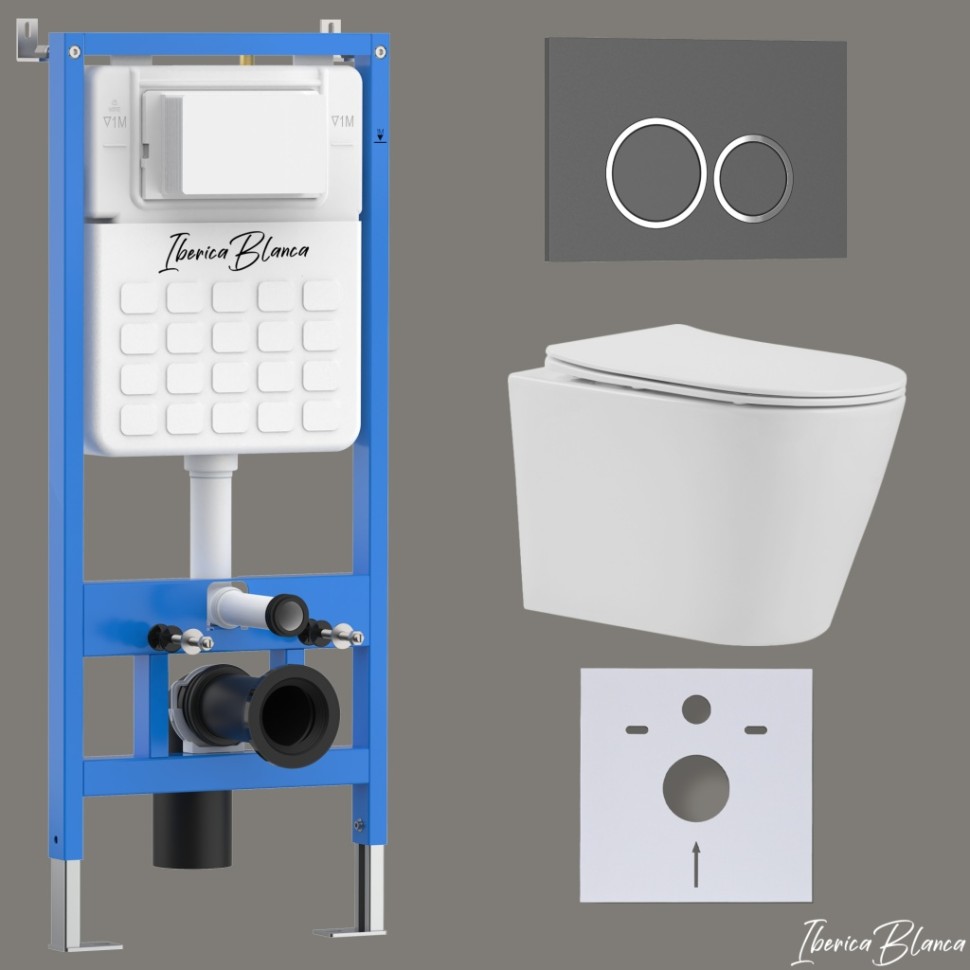 Комплект 3в1 IBERICA BLANCA инсталляция SILENCIO, унитаз BURGOS ALTO белый, кнопка смыва ESTI-O серый матовый (IB001.BRA.234.827)