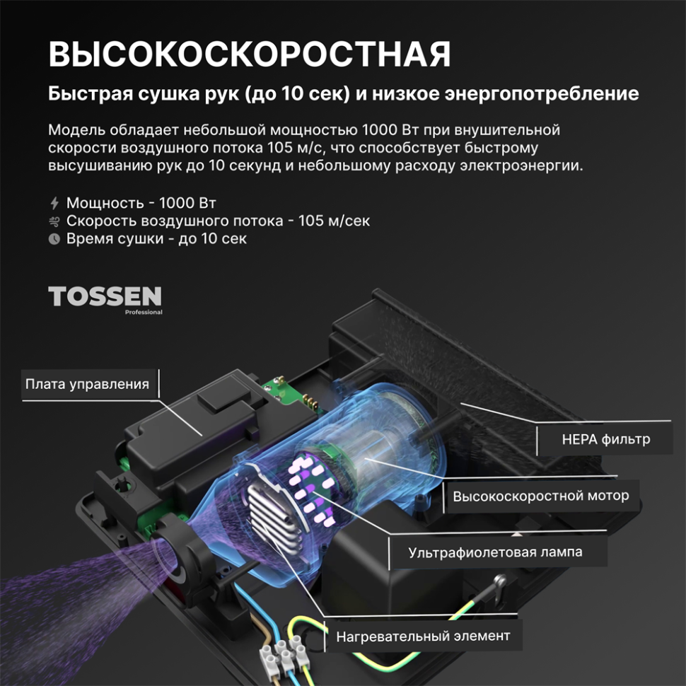 TOSSEN HS 1013 M - сушилка для рук (коллекция «Матовая сталь»)
