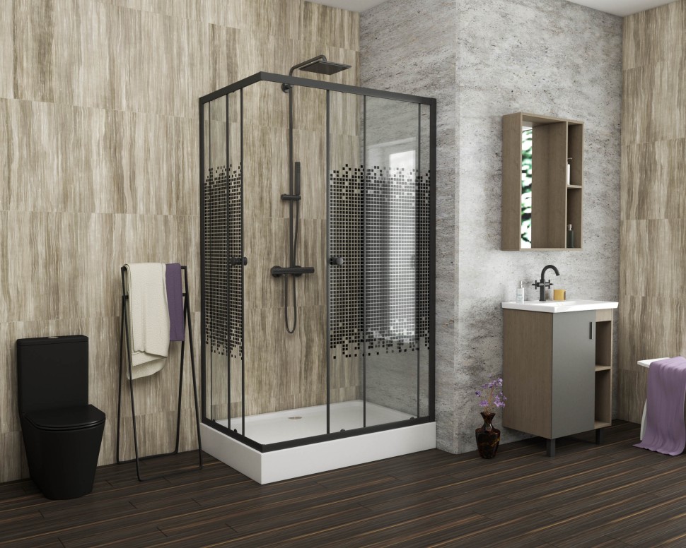 Душевой уголок Niagara Eco NG-018-14Q BLACK (100х80х195) низкий поддон(13см),черный,стекло мозаика,2 места