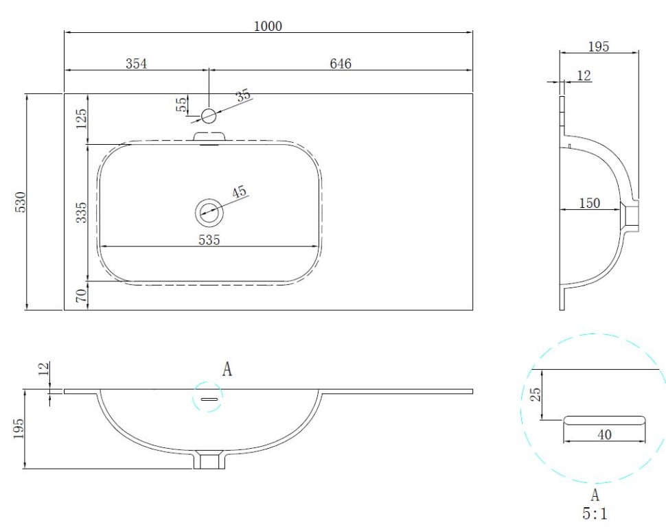 Раковина Vincea Elise VCB-4EL100MW-L, Corian левая, цвет белый матовый