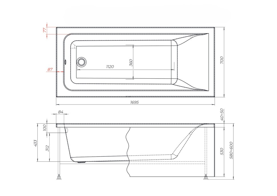 Акриловая ванна с каркасом Uperwood Infinity 170x70 см, белая