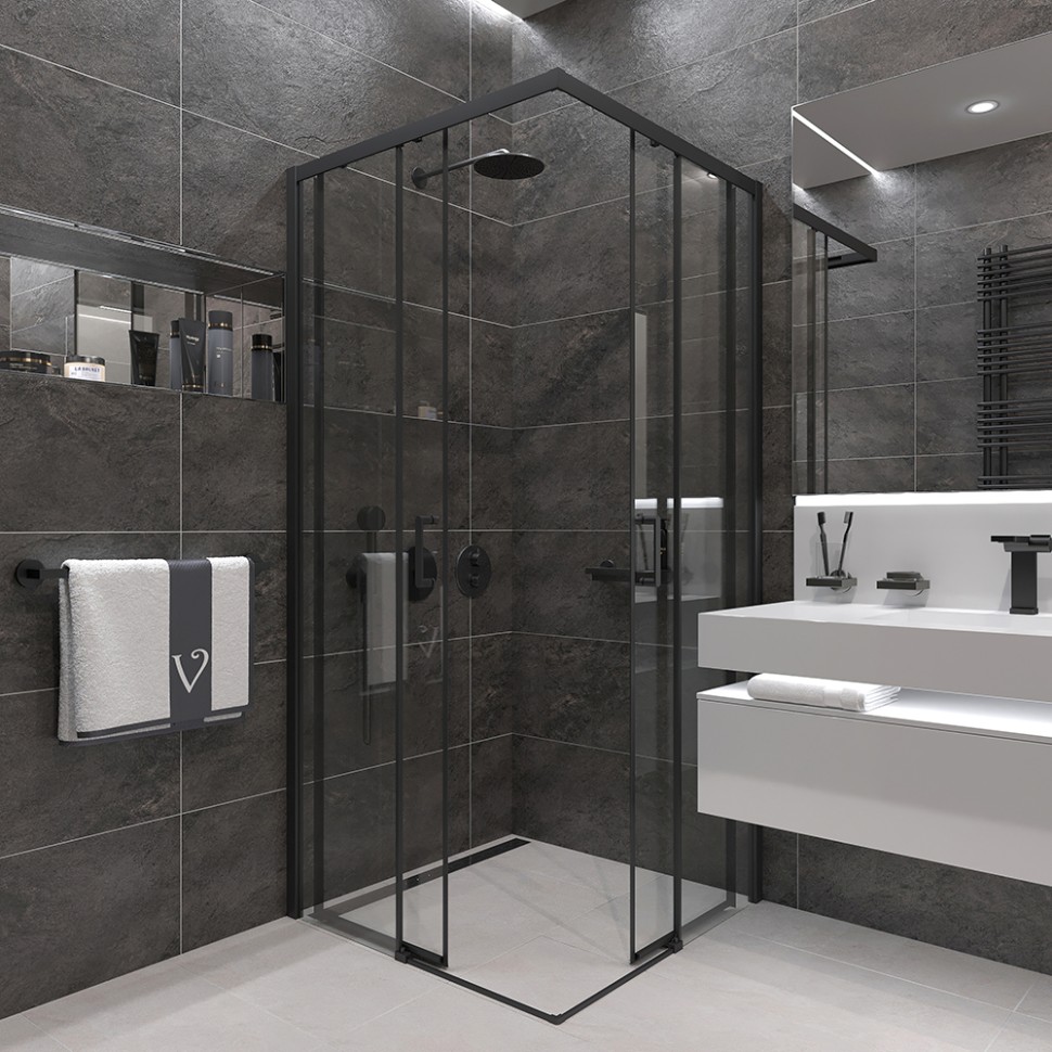 Душевой угол Veconi Rovigo RV-47B, 1000x1000x1950, черный, стекло прозрачное