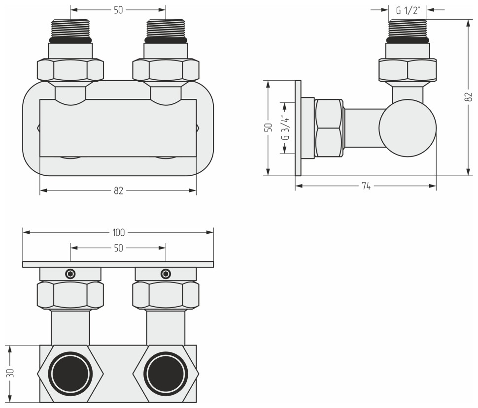 Модуль угловой EU50 (2 х НР G 1/2" / 2 х НГ G 3/4")