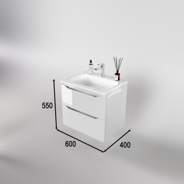 Тумба подвесная STYLE LINE "Марелла 60" (2 ящ.) Люкс антискрейтч белый глянец, PLUS с раковиной Марелла Люкс 600х400