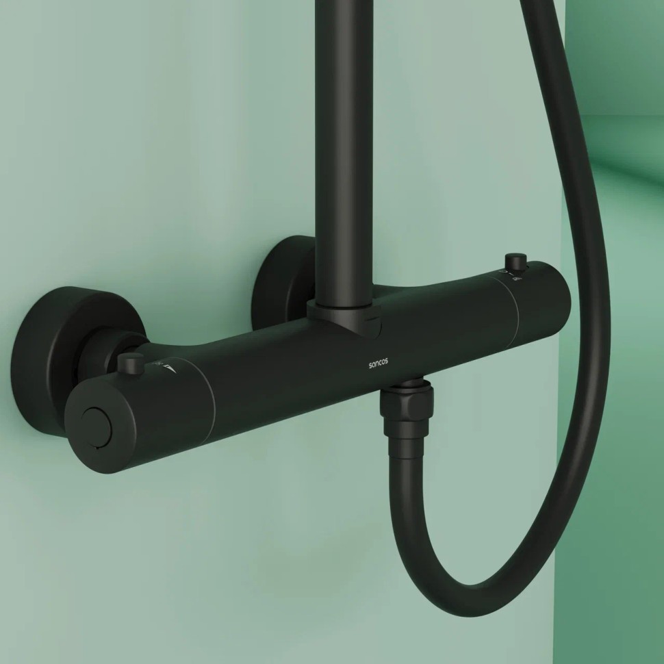 Душевая стойка SANCOS Game для душа с термостатическим смесителем, верхним и ручным душем, цвет черный матовый, арт. SC3002MB