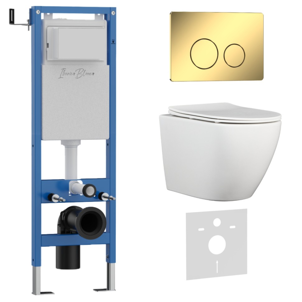 Комплект 3в1 IBERICA BLANCA инсталляция SILENCIO MINI, унитаз BILBAO ALTO белый, кнопка смыва INOX-O золото глянцевое (IB.001M.BLA.231.816)