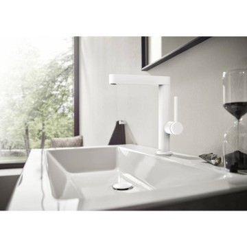 Смеситель для раковины Hansgrohe Finoris 230 с поворотным изливом, со сливным клапаном Push-Open (76060700) белый матовый