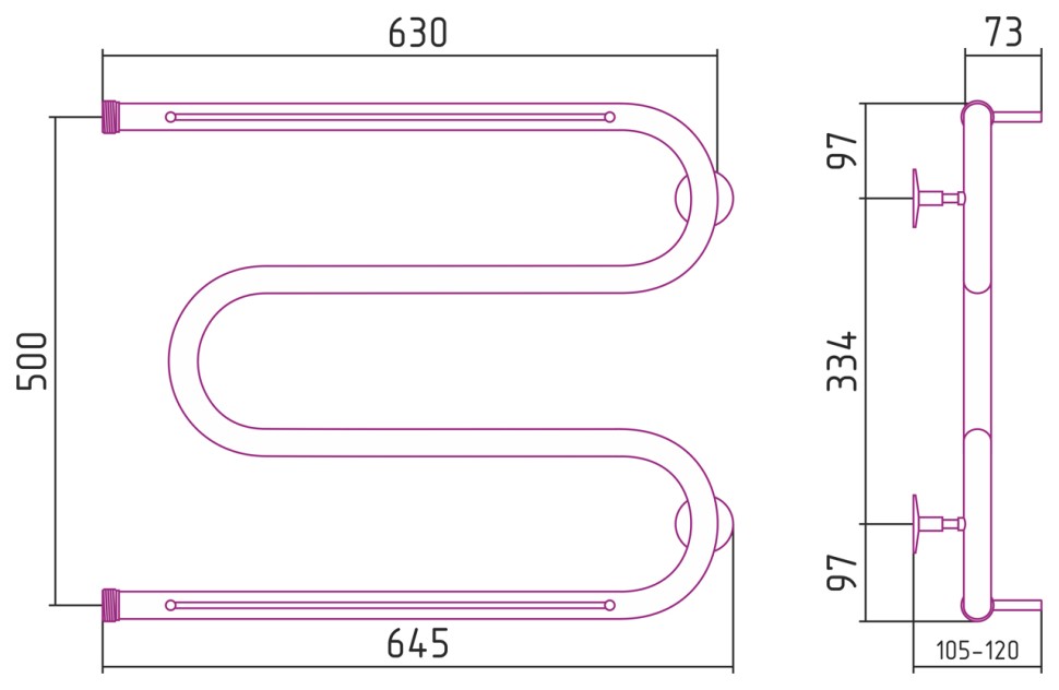 М-образный 2 полки 500х650 резьба-сгон 1"