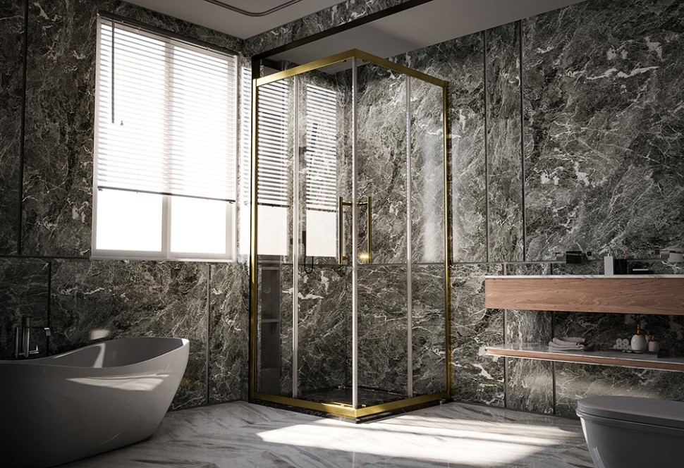 Душевой угол Veconi Premium Trento PTC-20G, 1200Х900x2000, брашированное золото, стекло прозрачное