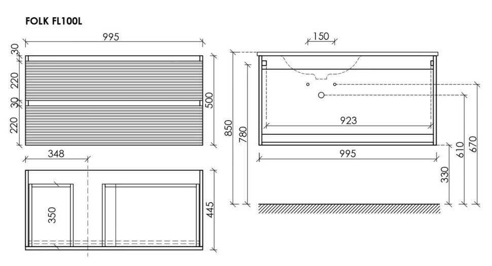 Тумба подвесная SANCOS Folk левая 995х445х500, c двумя ящиками оснащенными доводчиками, Bianco, арт.FL100LW