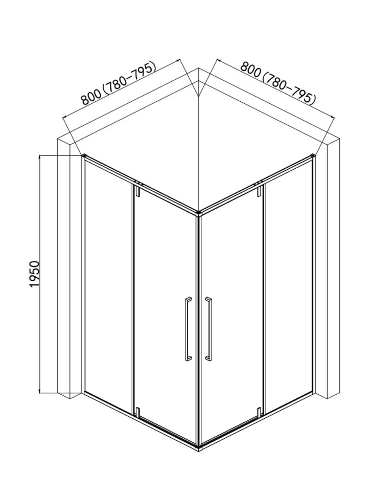 Душевой уголок 800*800*1950мм, стекло 6мм, цвет профиля матовый черный.