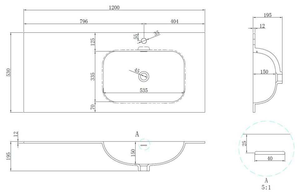 Раковина Vincea Elise VCB-4EL120MW-R, Corian правая, цвет белый матовый
