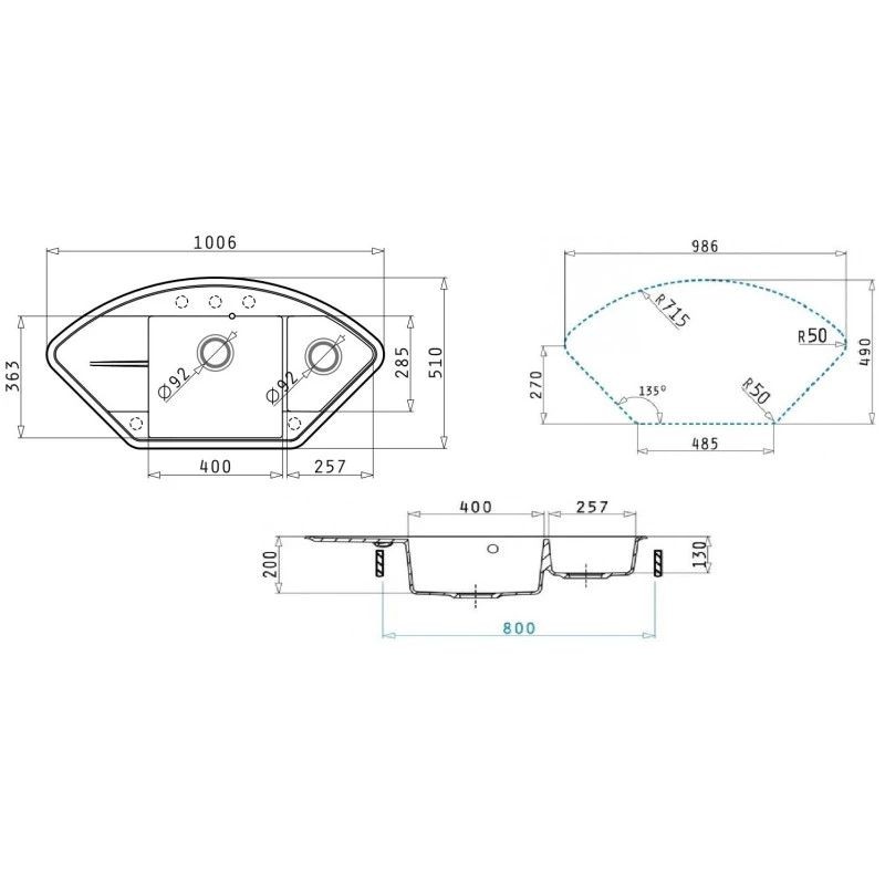 Кухонная мойка кварцевая Uperwood Quartz Premium UPD-06-03, угловая двухсекционная, серая