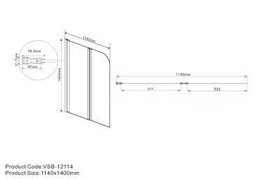 Душевая шторка на ванну VSB-12114CLB, 1140*1400, черный, стекло прозрачное