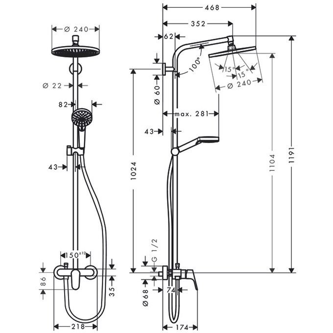 Душевая система Hansgrohe Crometta 102 см, с верхним 240 мм., ручным душем и однорычажным смесителем, цвет: хром S 240 SНР 27269000