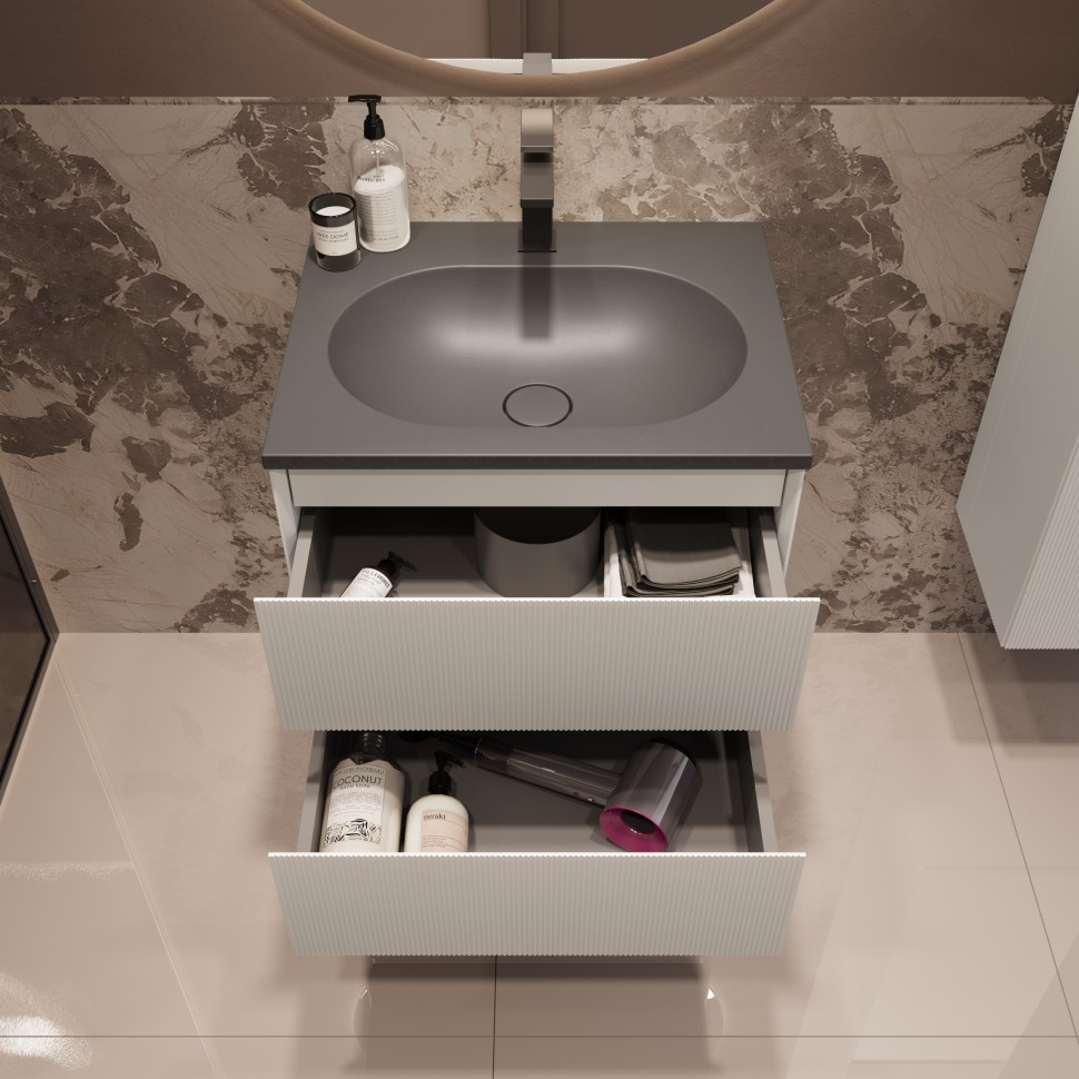 База под раковину Welle 600 подвесная, 2 выкатных ящика soft-close, M.White