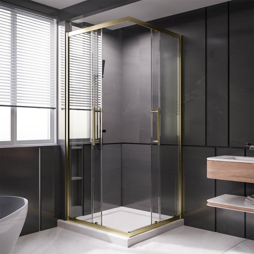 Душевой угол Veconi Premium Trento PTC-20G, 800Х800x2000, брашированное золото, стекло прозрачное