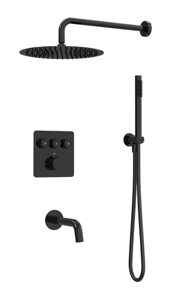 Душевая система скрытого монтажа для ванны и душа MILLEAU Tissage TERMO 3SBIT/801-GB на 3 потока (комплект с монтажным блоком), Черный глянец