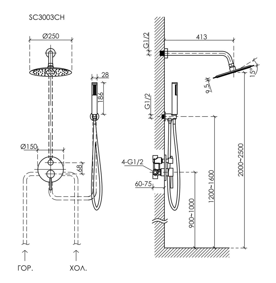 Душевой комплект SANCOS Select встраиваемый для душа, цвет черный матовый, арт. SC3003MB