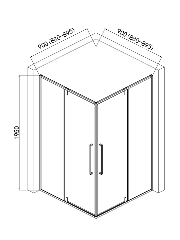 Душевой уголок 900*900*1950мм., стекло 6мм, цвет профиля матовый черный. AQM7102-2-9