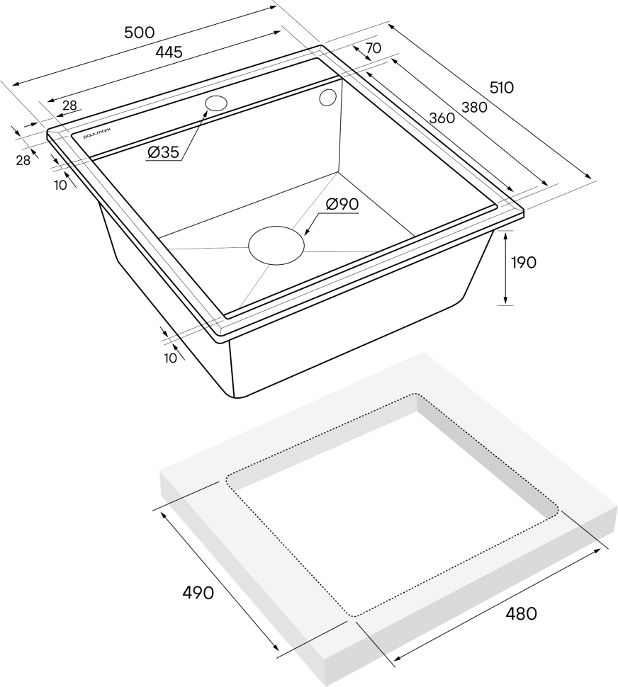 Мойка STEPIA 50, IT-GRANIT, PM115051-WH , белый, 500х510, Paulmark